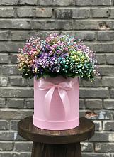 Цветочная композиция из Гипсофила и Розы в шляпной коробке в Родниках Ивановской области