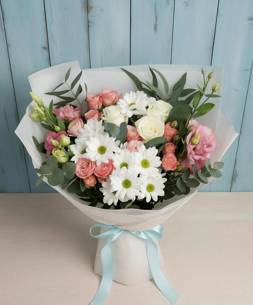 Букет цветов из: Розы, Лизиантусы и Хризантемы в Родниках Ивановской области