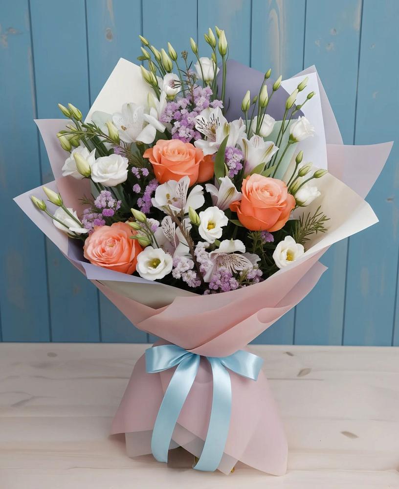 Букет цветов из: Лизиантусы, Розы, Альстромерии и Гипсофила в Родниках Ивановской области