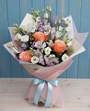 Букет цветов из:  Лизиантусы, Розы, Альстромерии и Гипсофила в Родниках Ивановской области