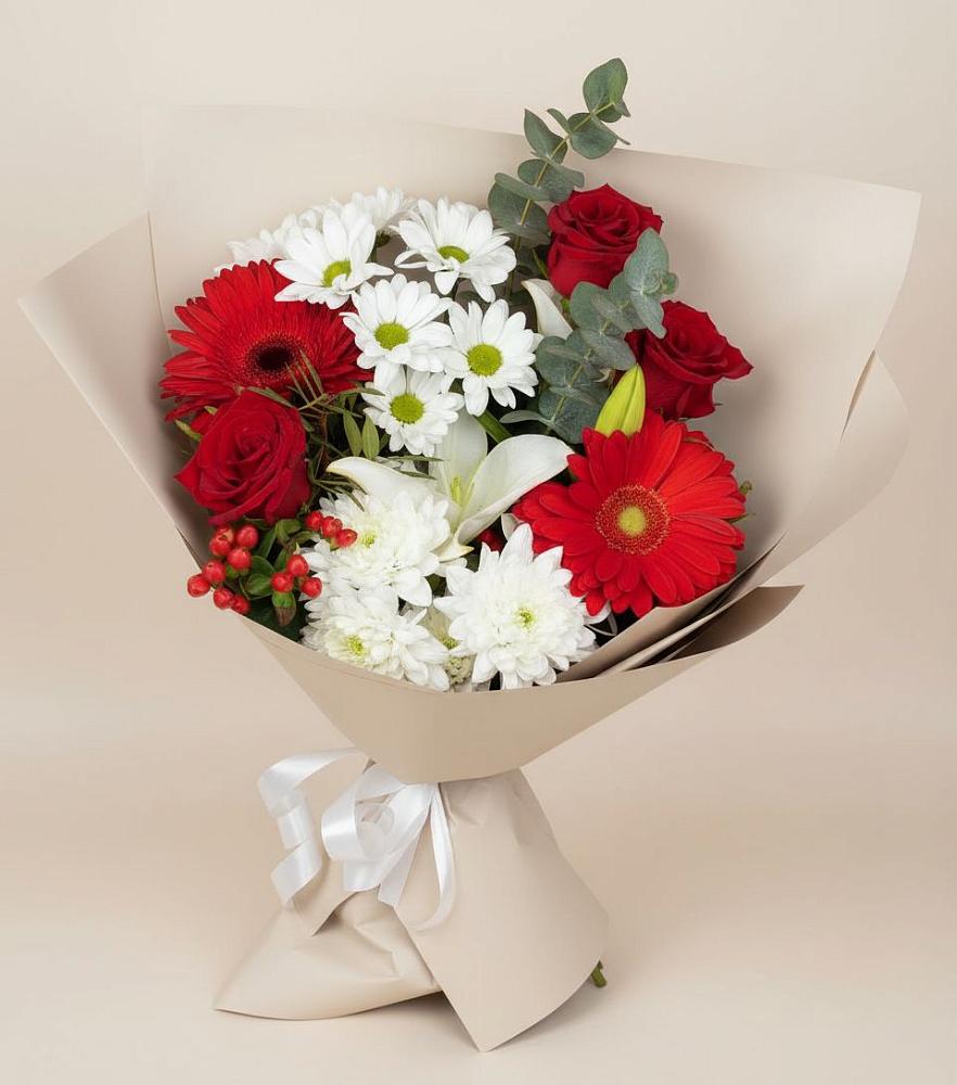 Букет цветов из: Розы, Хризантемы, Герберы и Лилии в Родниках Ивановской области