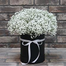 Цветочная композиция из Гипсофила в шляпной коробке в Родниках Ивановской области